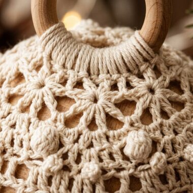 Ultra close up macro texture of rustic farmhouse crochet Christmas tree ornament in cream cotton with wooden ring and fairy lights