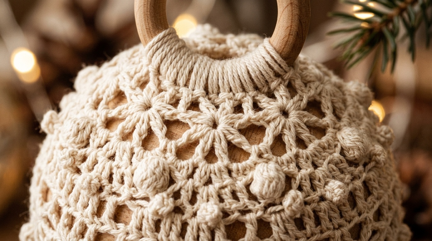 Ultra close up macro texture of rustic farmhouse crochet Christmas tree ornament in cream cotton with wooden ring and fairy lights