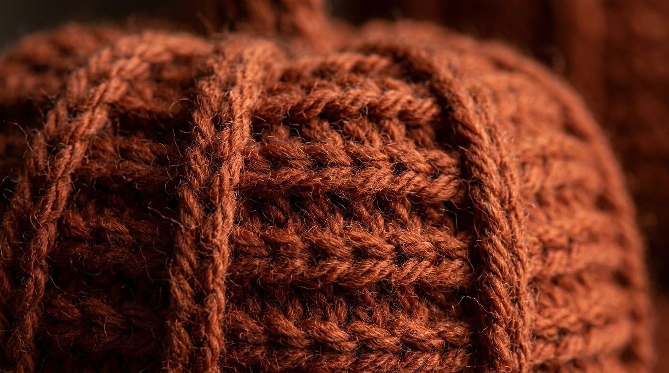 Ultra close up macro texture of rustic ribbed crochet pumpkin in terracotta burnt orange wool yarn