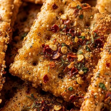 Spicy seasoned Texas firecracker saltine crackers coated in crushed red pepper, ranch seasoning, and garlic oil