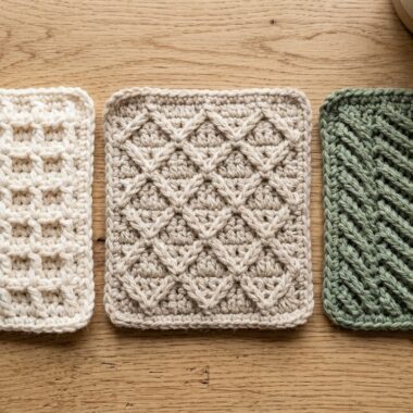 Close-up macro of textured crochet stitch swatches including waffle stitch and diamond trellis relief