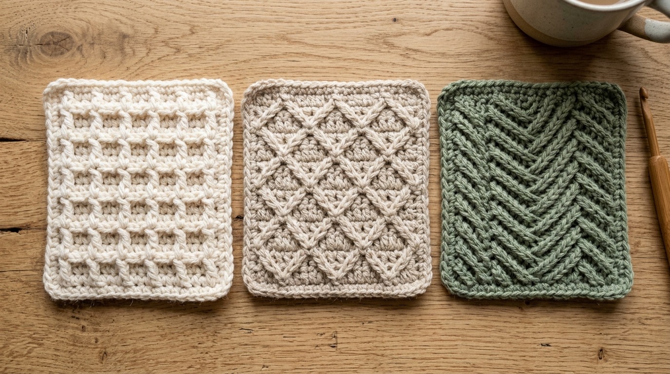 Close up macro texture of three textured crochet swatches showing waffle stitch diamond trellis and herringbone relief