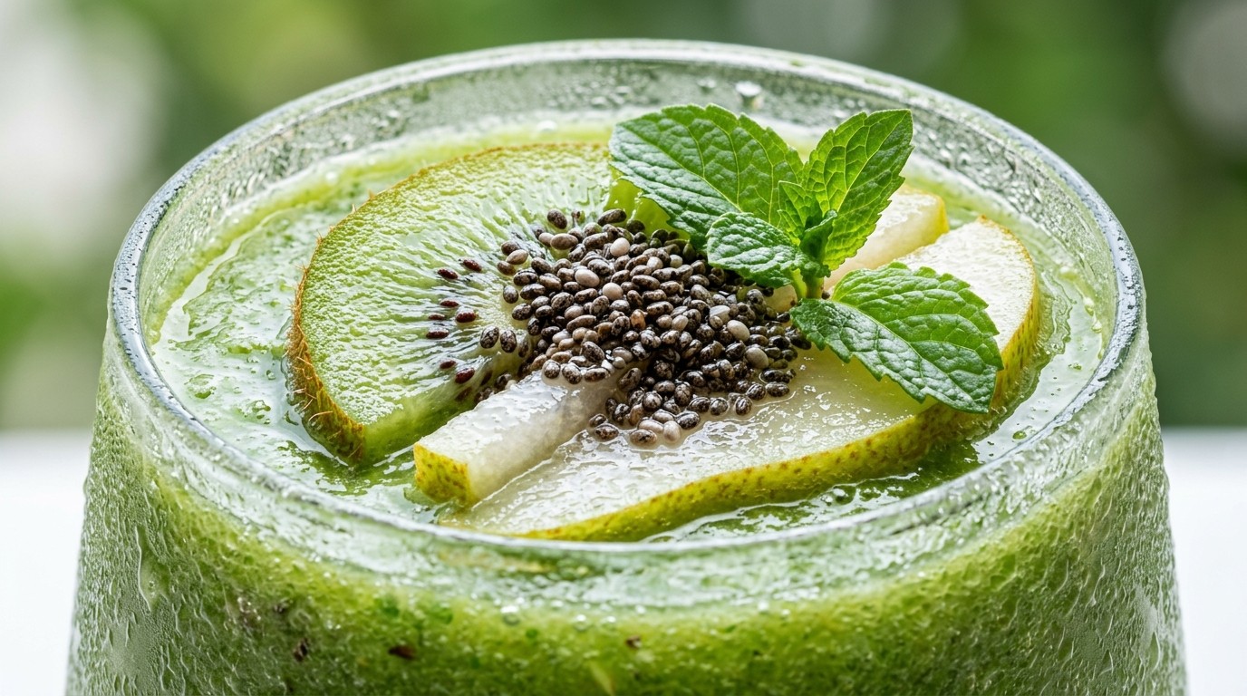 Immunity Boosting Kiwi Pear Green Smoothie close-up macro