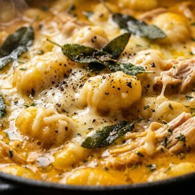 Creamy butternut squash chicken gnocchi soup in Dutch oven with melted gruyere and fresh sage