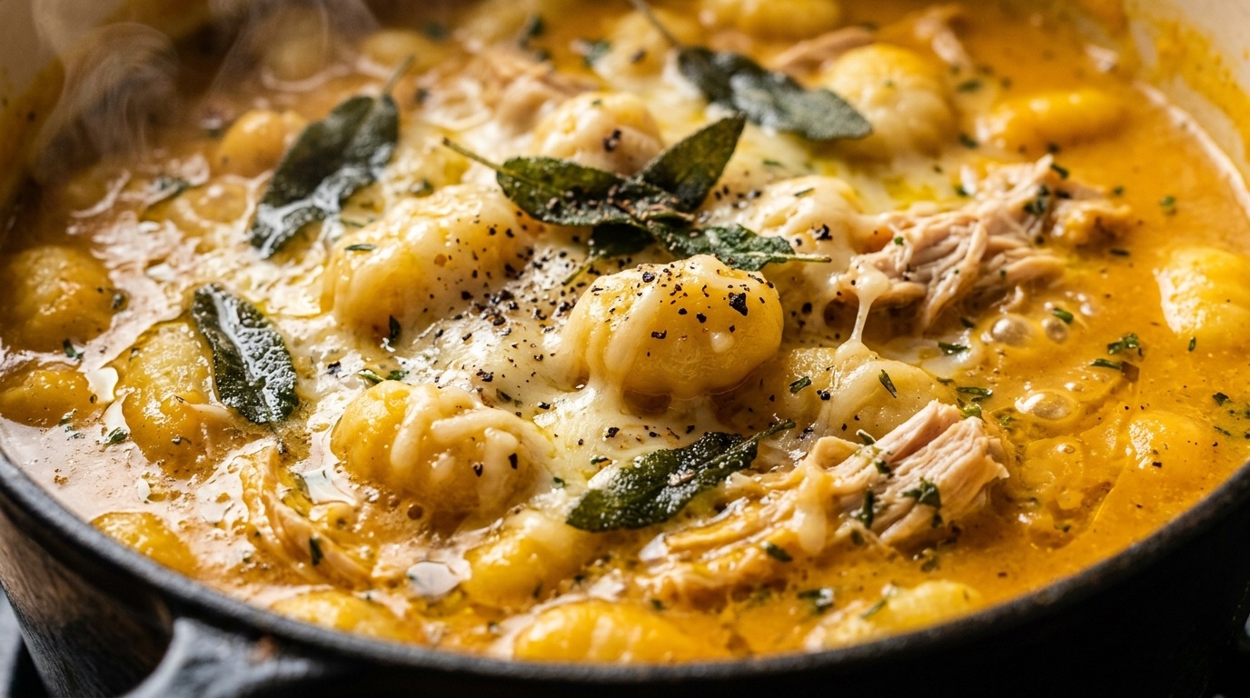 Creamy butternut squash chicken gnocchi soup in Dutch oven with melted gruyere and fresh sage