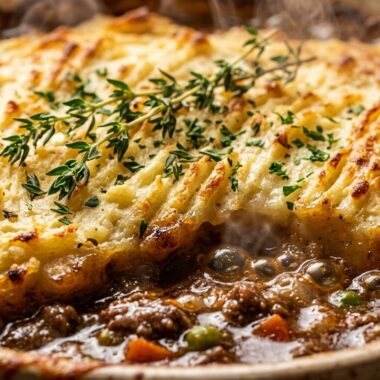 Golden baked classic Shepherd pie with rich savory beef and toasted mashed potato ridges