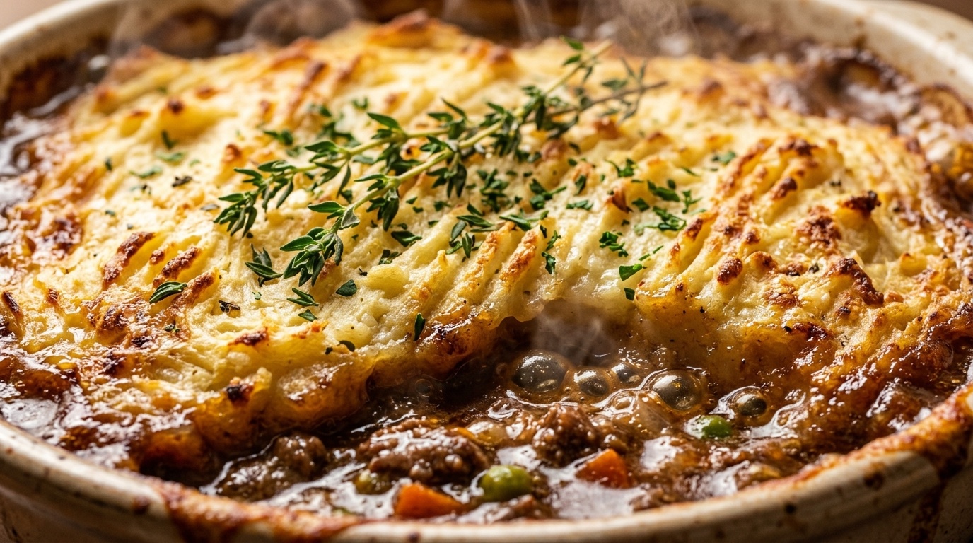 Golden baked classic Shepherd pie with rich savory beef and toasted mashed potato ridges