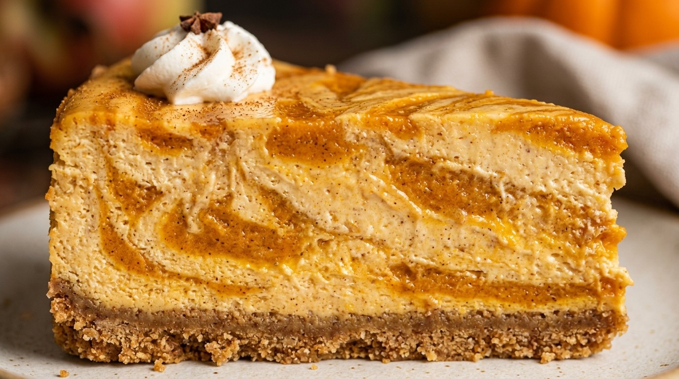 Creamy Pumpkin Swirl Cheesecake Bars hero shot