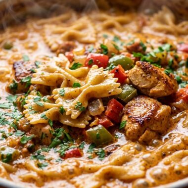 Creamy Cajun chicken fettuccine alfredo simmering with golden spiced chicken and melted parmesan cream