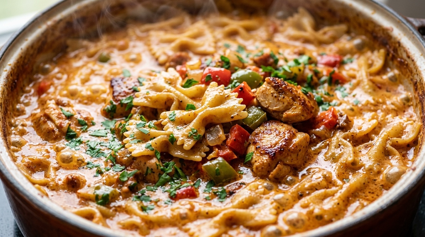 Creamy Cajun chicken fettuccine alfredo simmering with golden spiced chicken and melted parmesan cream