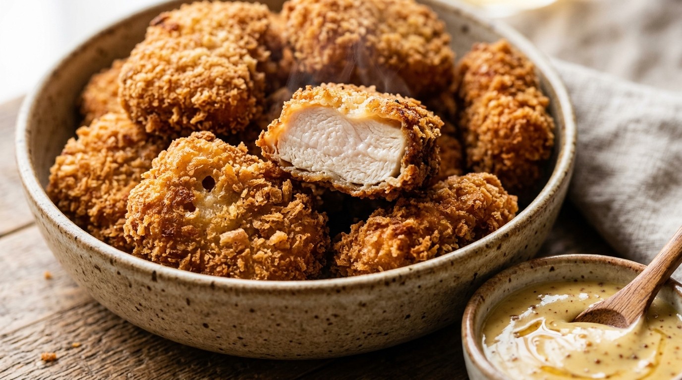 Crispy golden baked chicken nuggets close-up macro