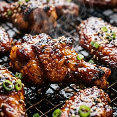 Crispy oven baked BBQ chicken wings sizzling hot with sticky honey BBQ glaze and sesame seeds