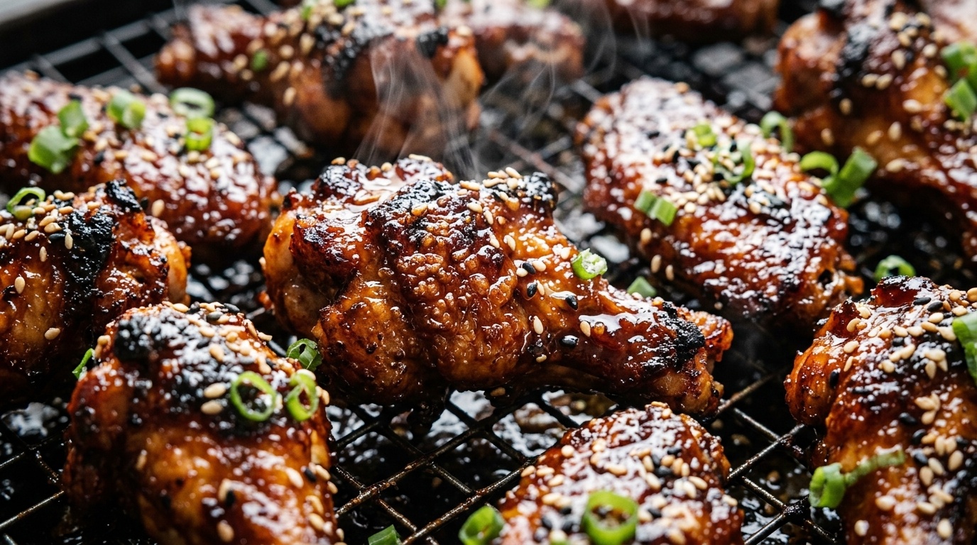 Crispy oven baked BBQ chicken wings sizzling hot with sticky honey BBQ glaze and sesame seeds