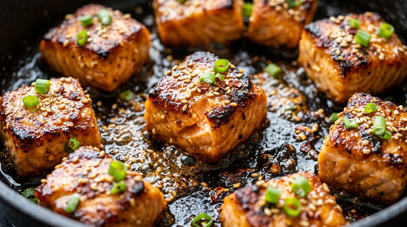 Crispy honey garlic butter salmon bites sizzling in cast iron skillet with sticky golden glaze