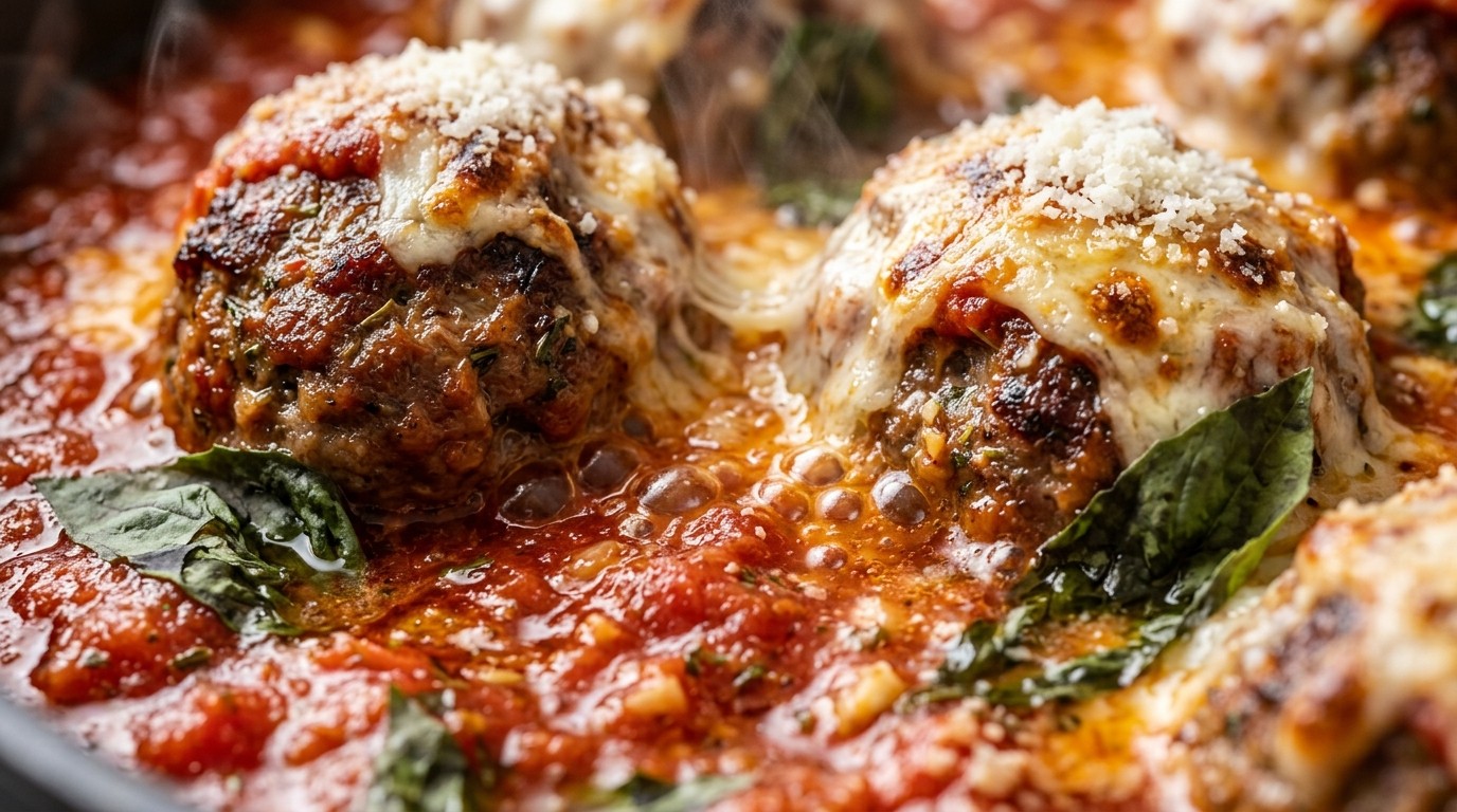 Juicy baked Italian meatballs simmering in bubbling marinara sauce macro close-up