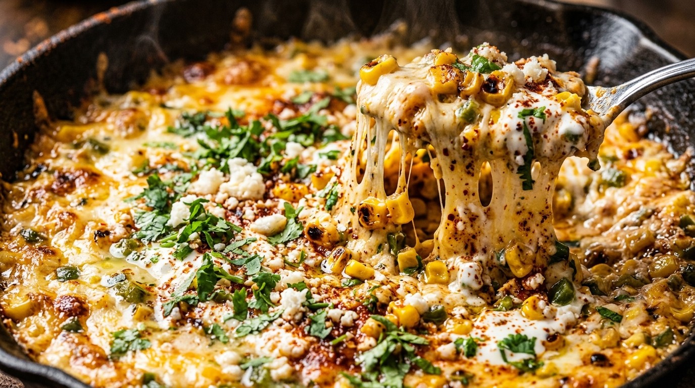 Creamy Mexican Street Corn Dip with cheese pull in cast iron skillet macro close-up