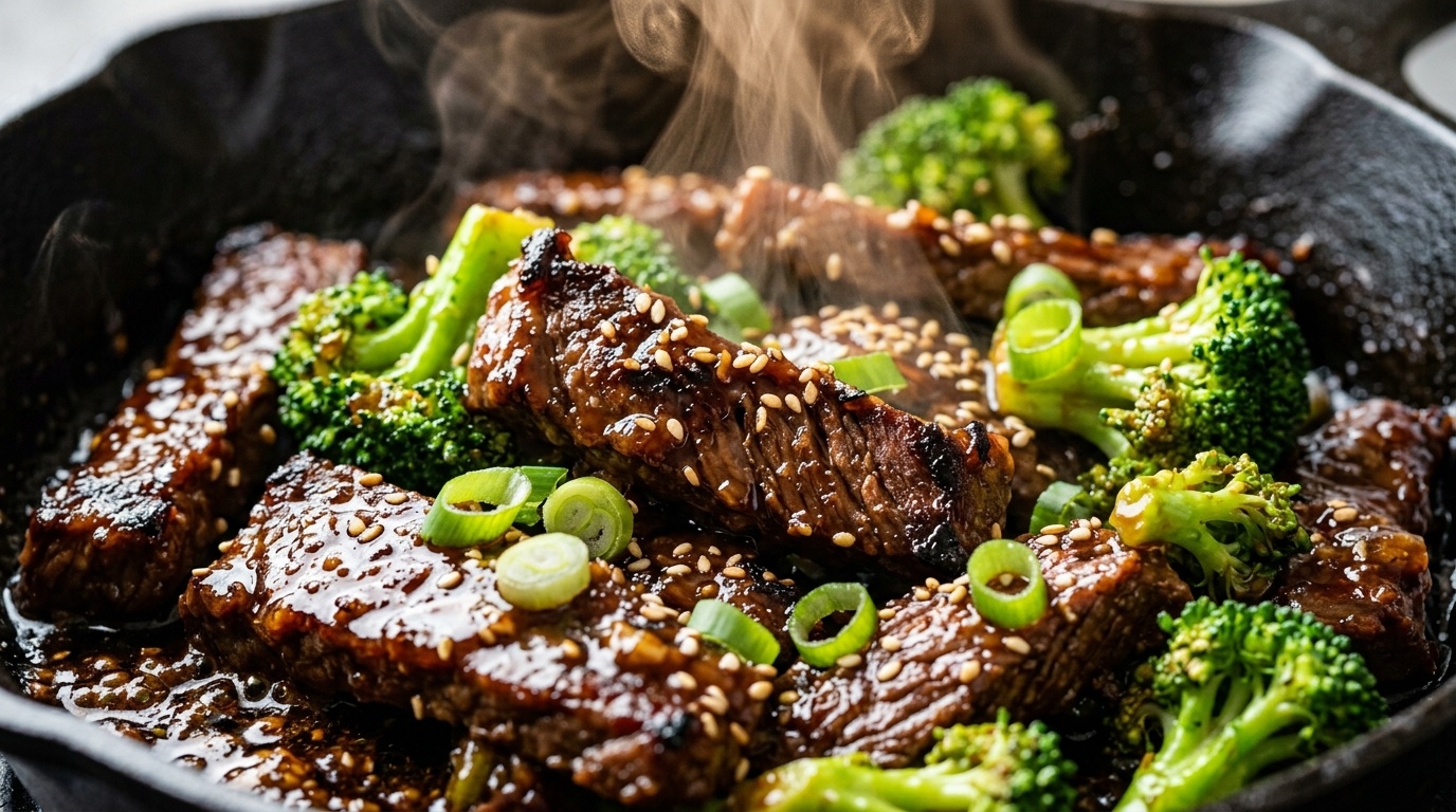 Ultra close-up of sizzling glossy beef teriyaki stir fry with sesame seeds
