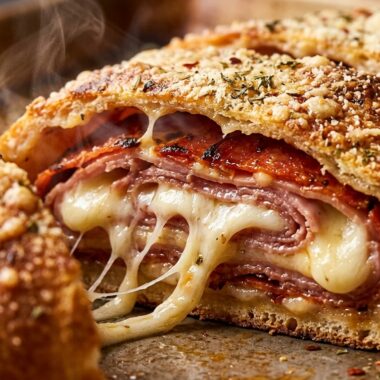 Golden sliced Italian stromboli filled with melted mozzarella and savory pepperoni