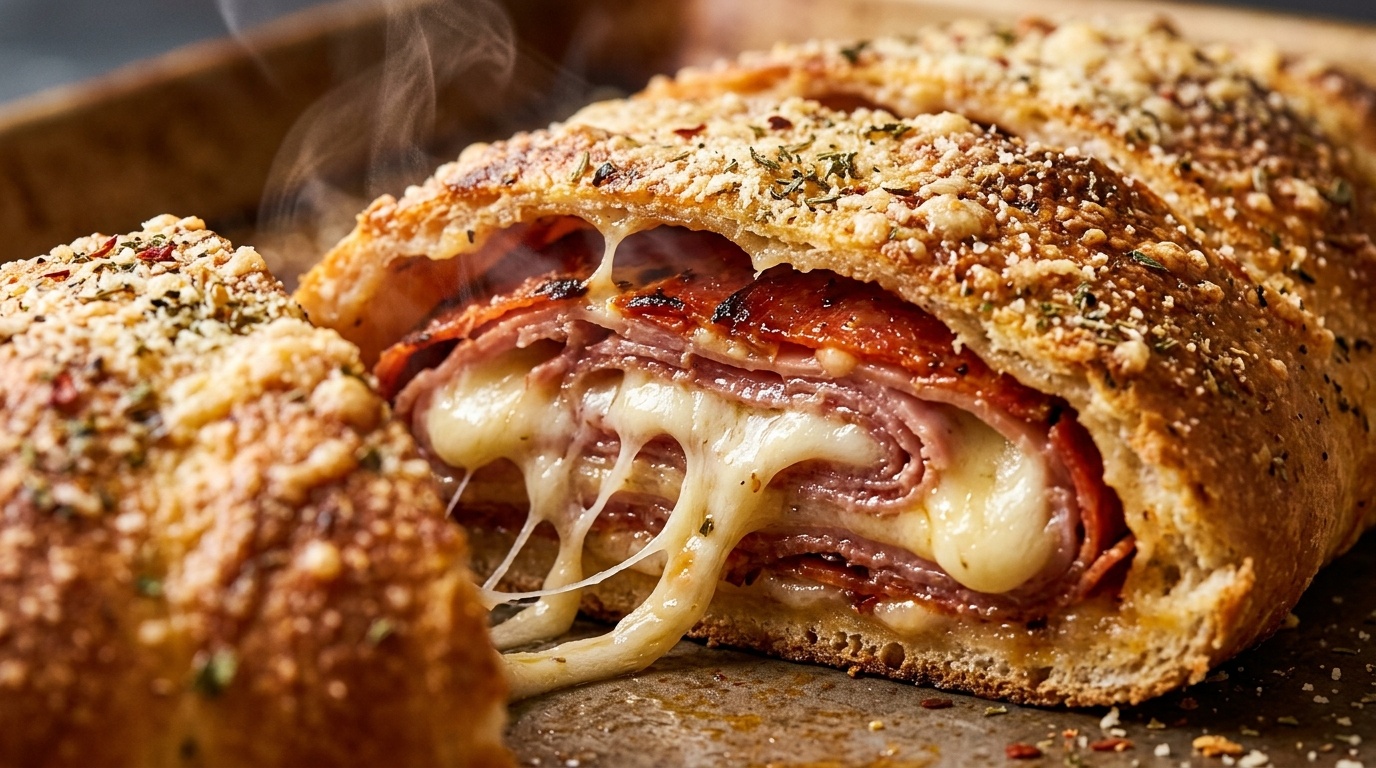 Golden sliced Italian stromboli filled with melted mozzarella and savory pepperoni