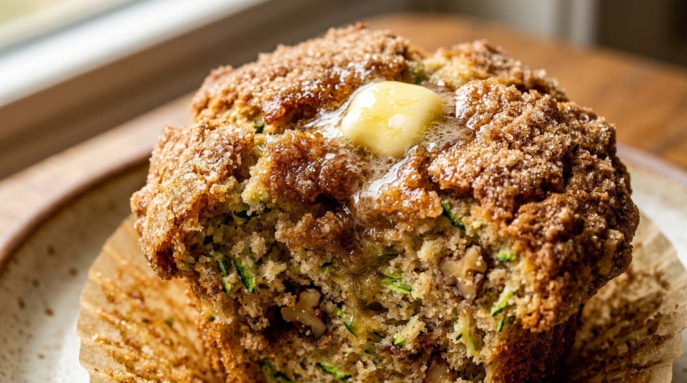 Golden bakery-style cinnamon spiced zucchini muffins with high domed crowns fresh from the oven