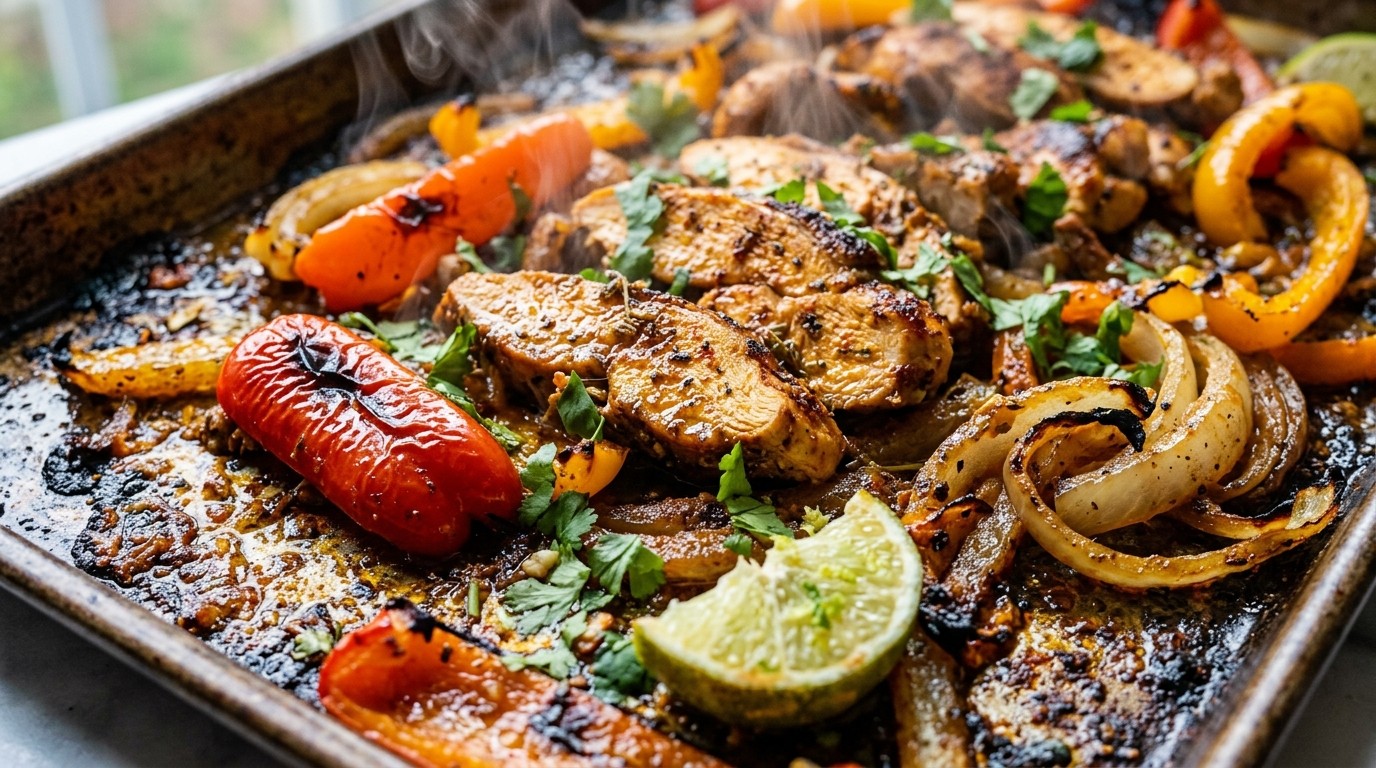 Sizzling 30-minute sheet pan chicken fajitas close-up macro