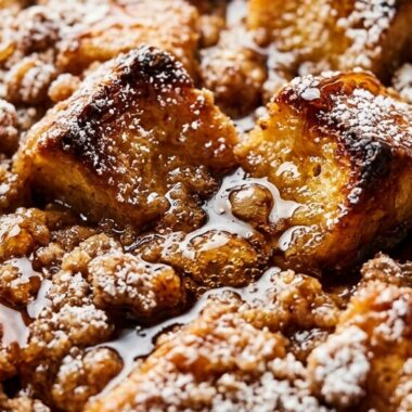 Overnight brioche French toast bake golden brown with cinnamon streusel and maple syrup