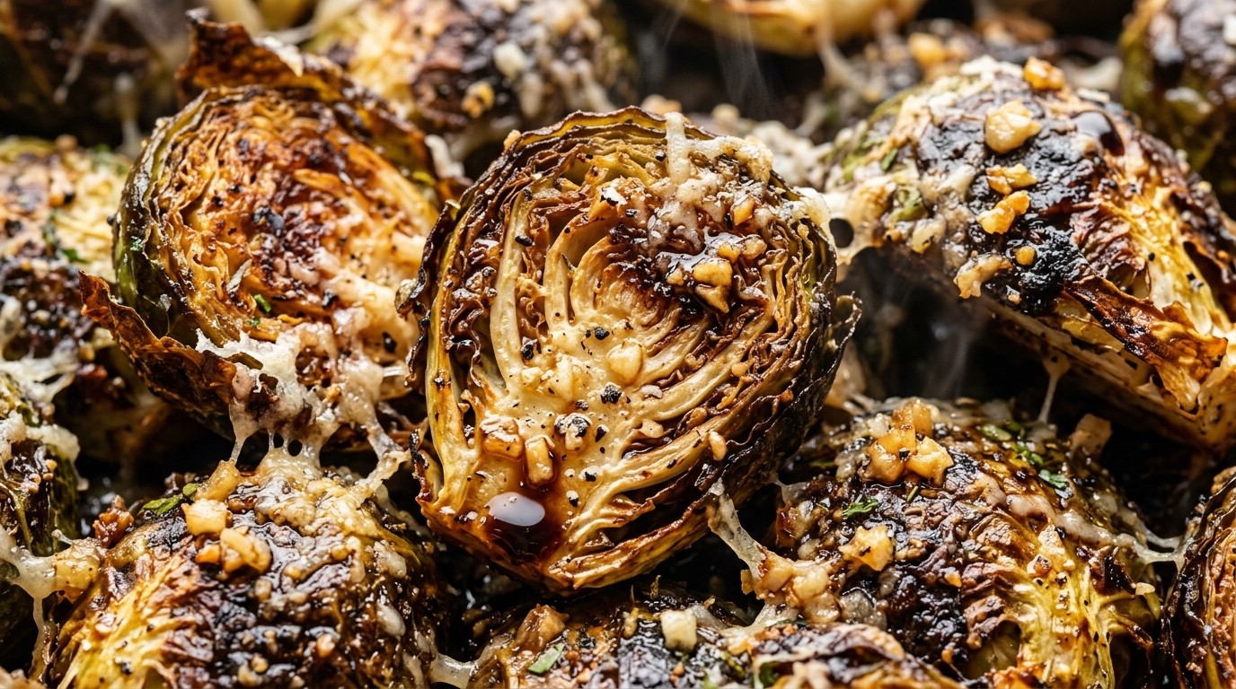 Crispy garlic parmesan roasted Brussels sprouts macro close-up
