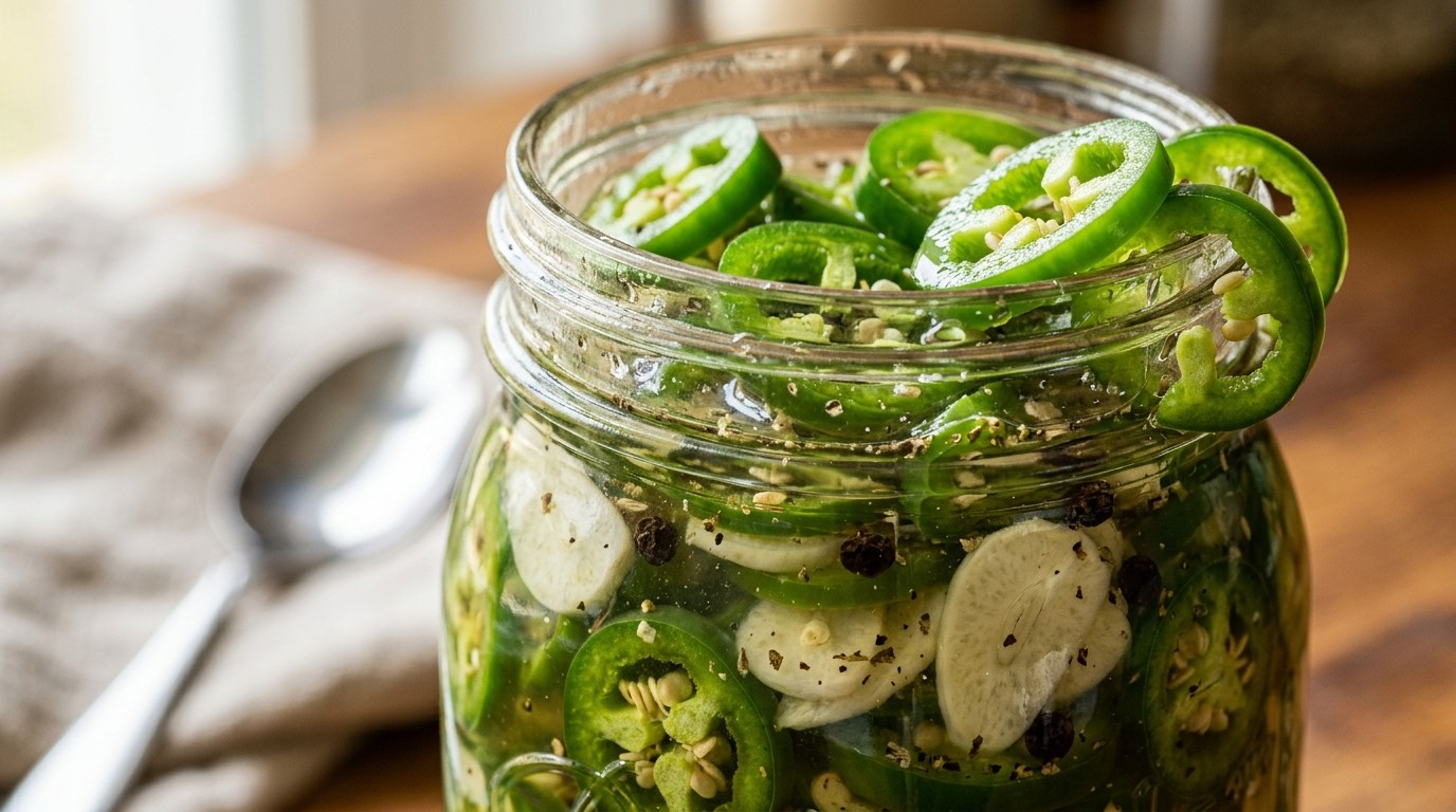 Ultra close-up macro of glossy candied jalapeños cowboy candy in glass jar
