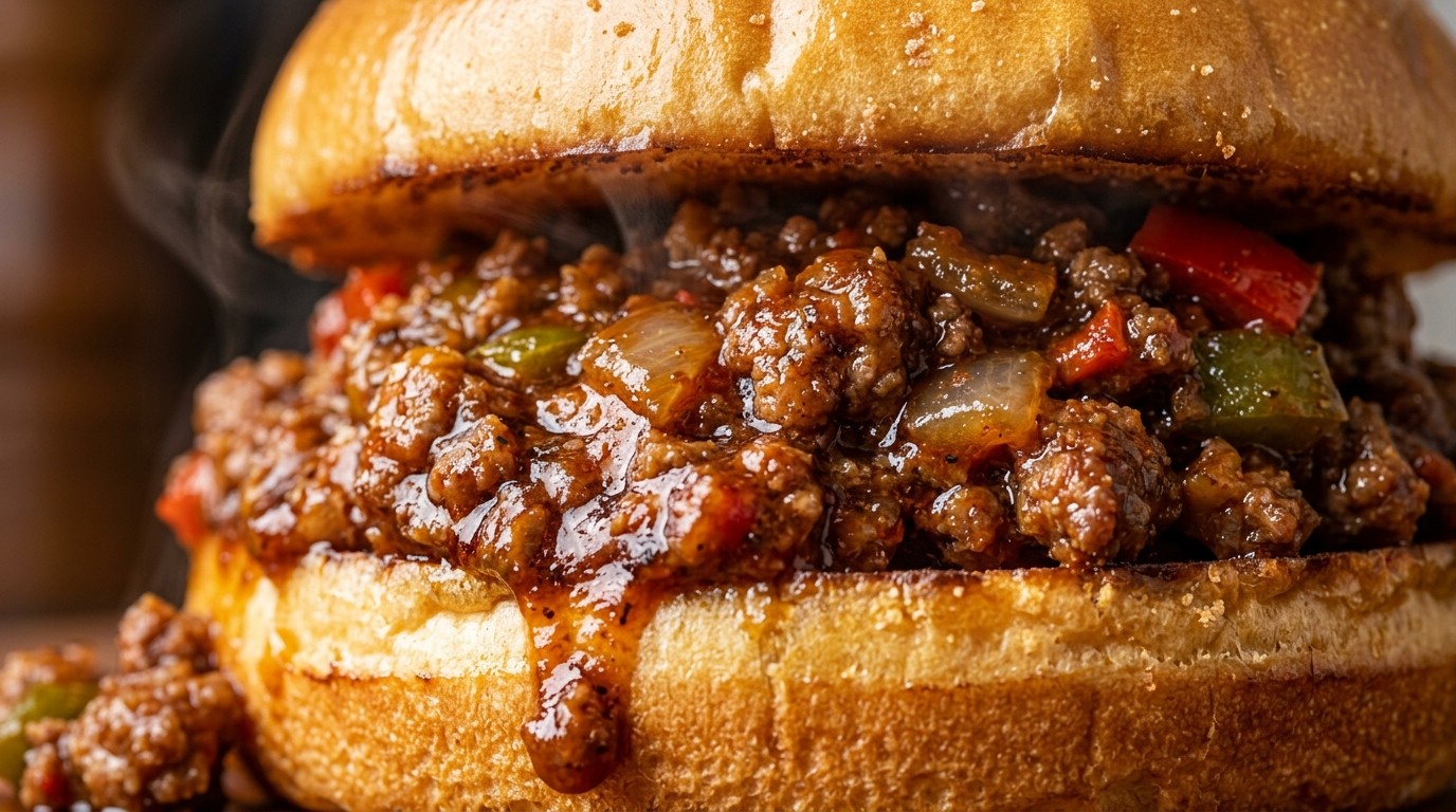 Homemade saucy Sloppy Joes close-up macro