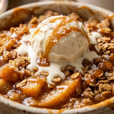Old-Fashioned Caramel Apple Crisp ultra close-up hero