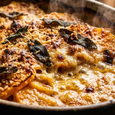 Bubbling roasted butternut squash gratin with melted Gruyere cheese and crispy sage panko crust