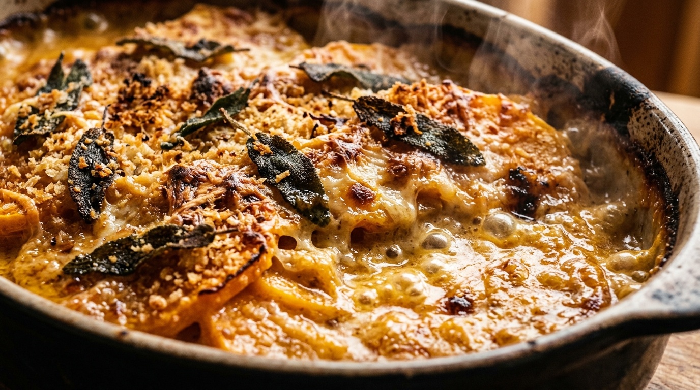 Bubbling roasted butternut squash gratin with melted Gruyere cheese and crispy sage panko crust