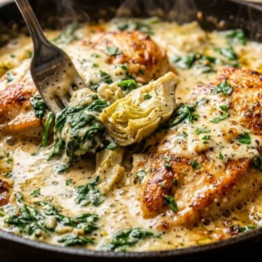 Creamy spinach artichoke skillet chicken bubbling with melted parmesan and garlic