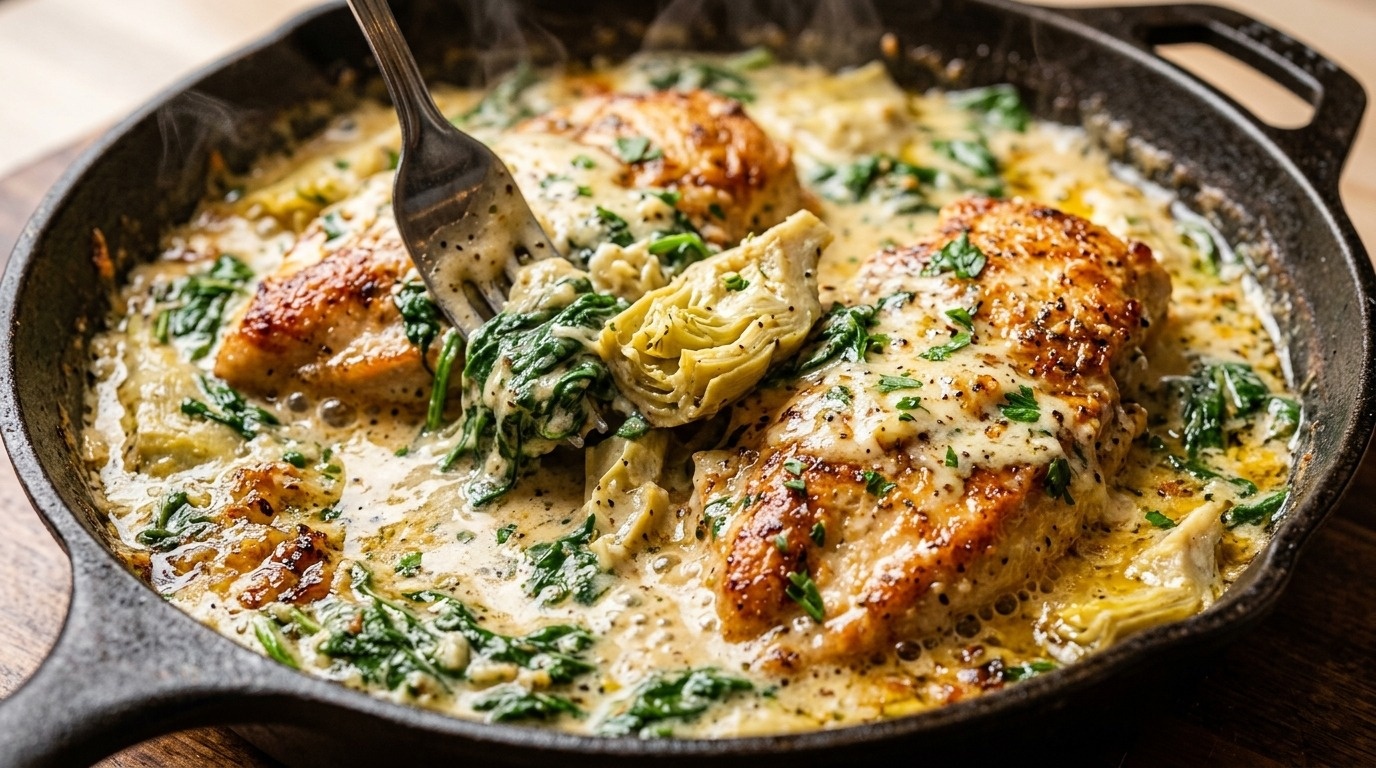 Creamy spinach artichoke skillet chicken bubbling with melted parmesan and garlic