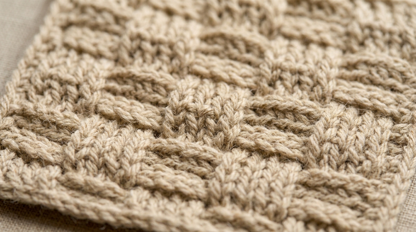 Ultra close-up macro of crochet basketweave stitch swatch in heather oatmeal wool yarn