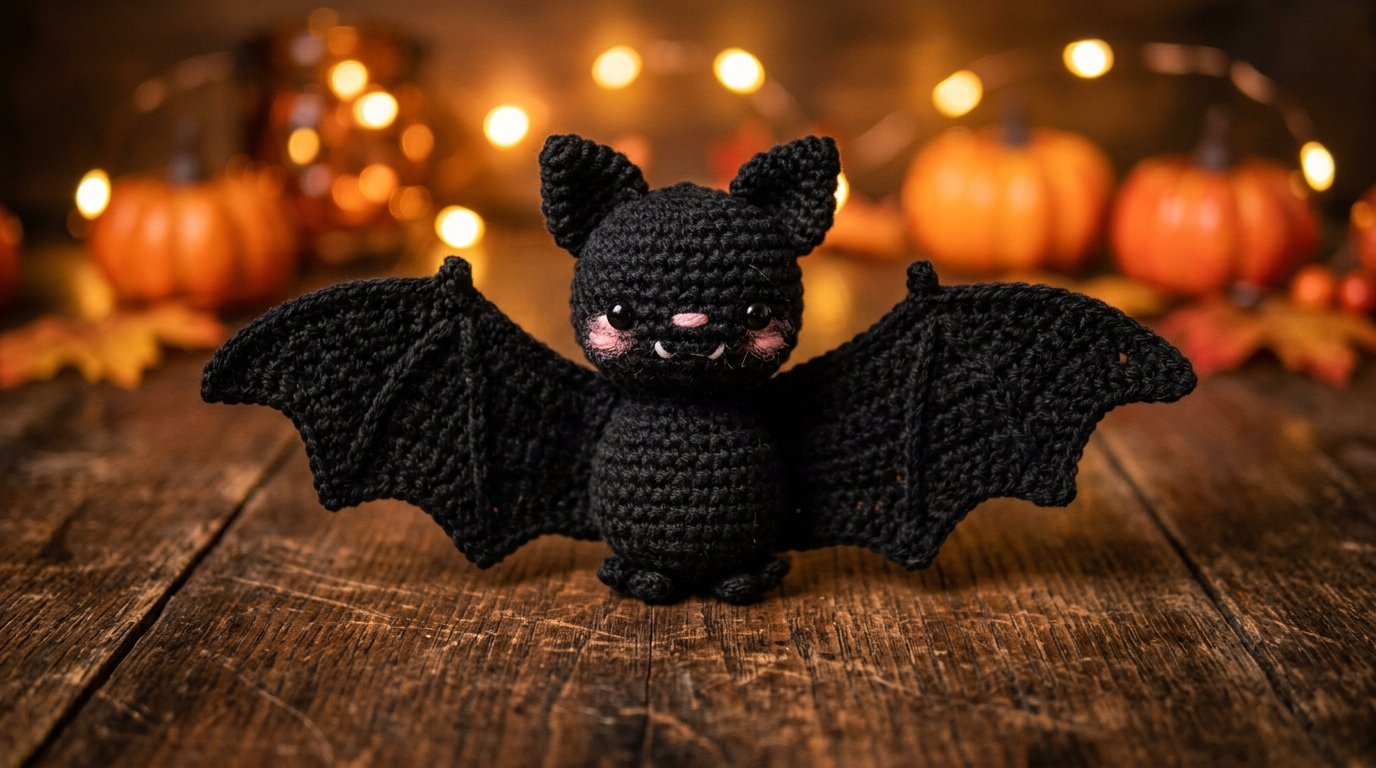 Ultra close-up macro of cute handmade black crochet amigurumi bat with pointed ears and scalloped wings