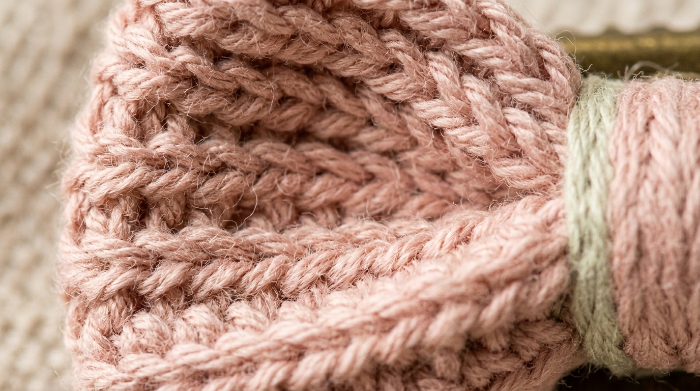 Ultra close-up macro of handmade blush pink crochet bow mounted on brass alligator hair clip