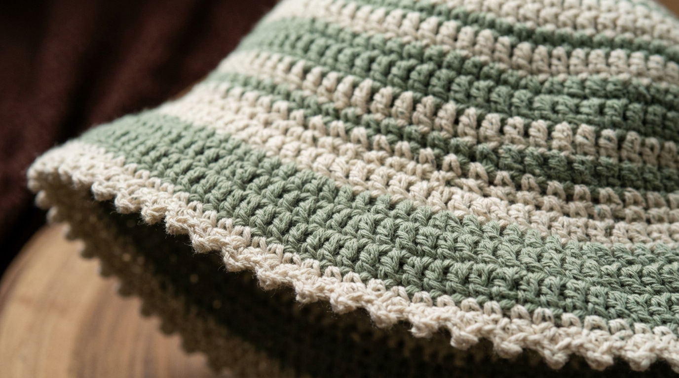 Ultra close-up macro of handmade sage green crochet bucket hat showing clean half double crochet stitches and flared brim