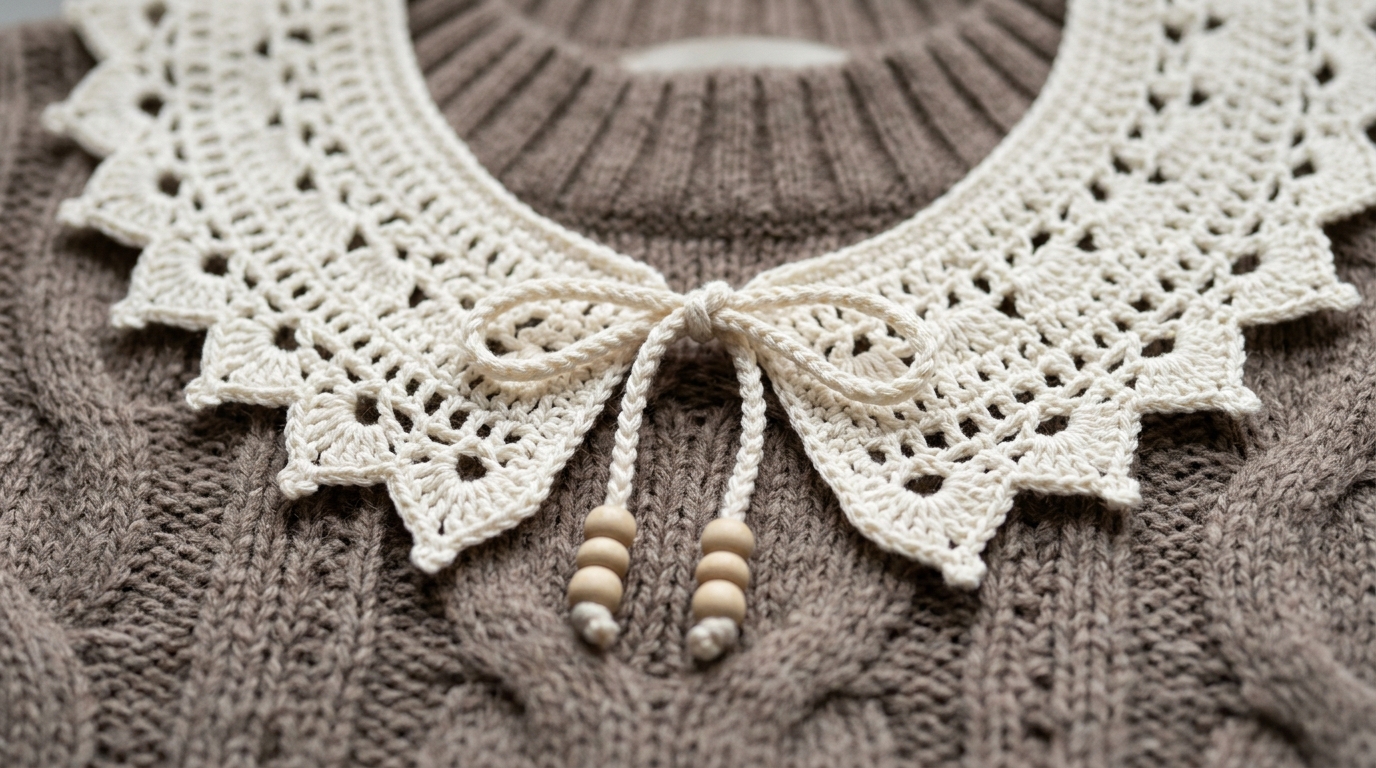 Ultra close-up macro of cream crochet detachable Peter Pan collar with scalloped picot lace border