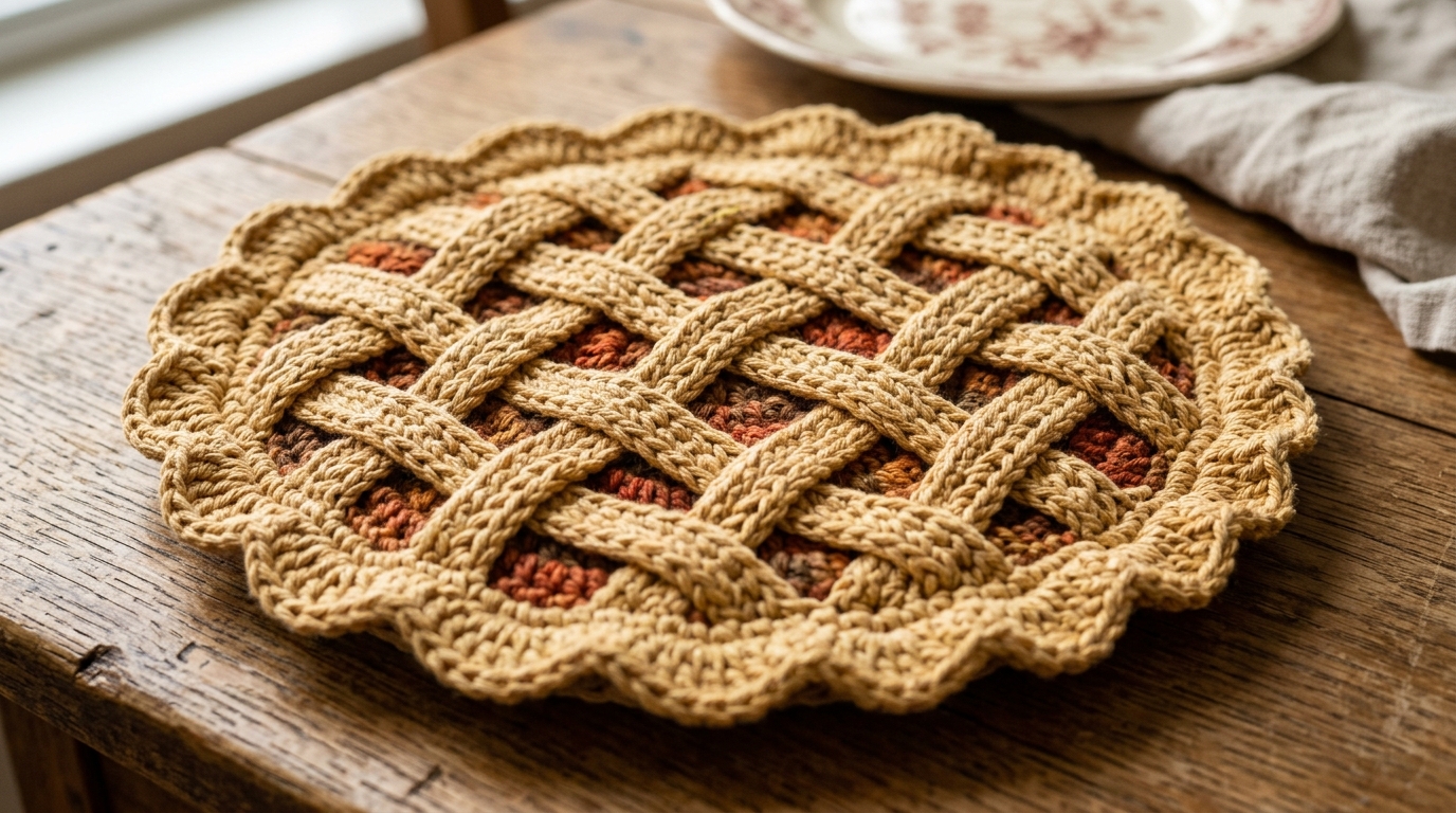 Ultra close-up macro of crochet apple pie hot pad trivet with interwoven golden lattice crust and fluted rim