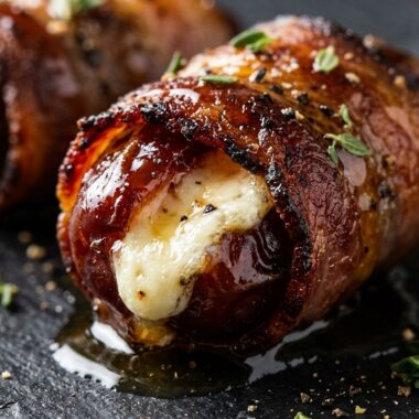Crispy Bacon-Wrapped Stuffed Dates ultra close-up hero
