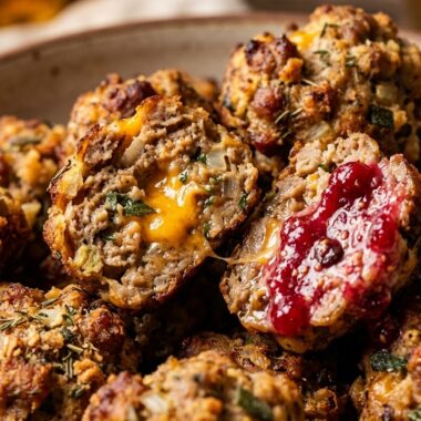 Crispy Stuffing Sausage Balls ultra close-up hero